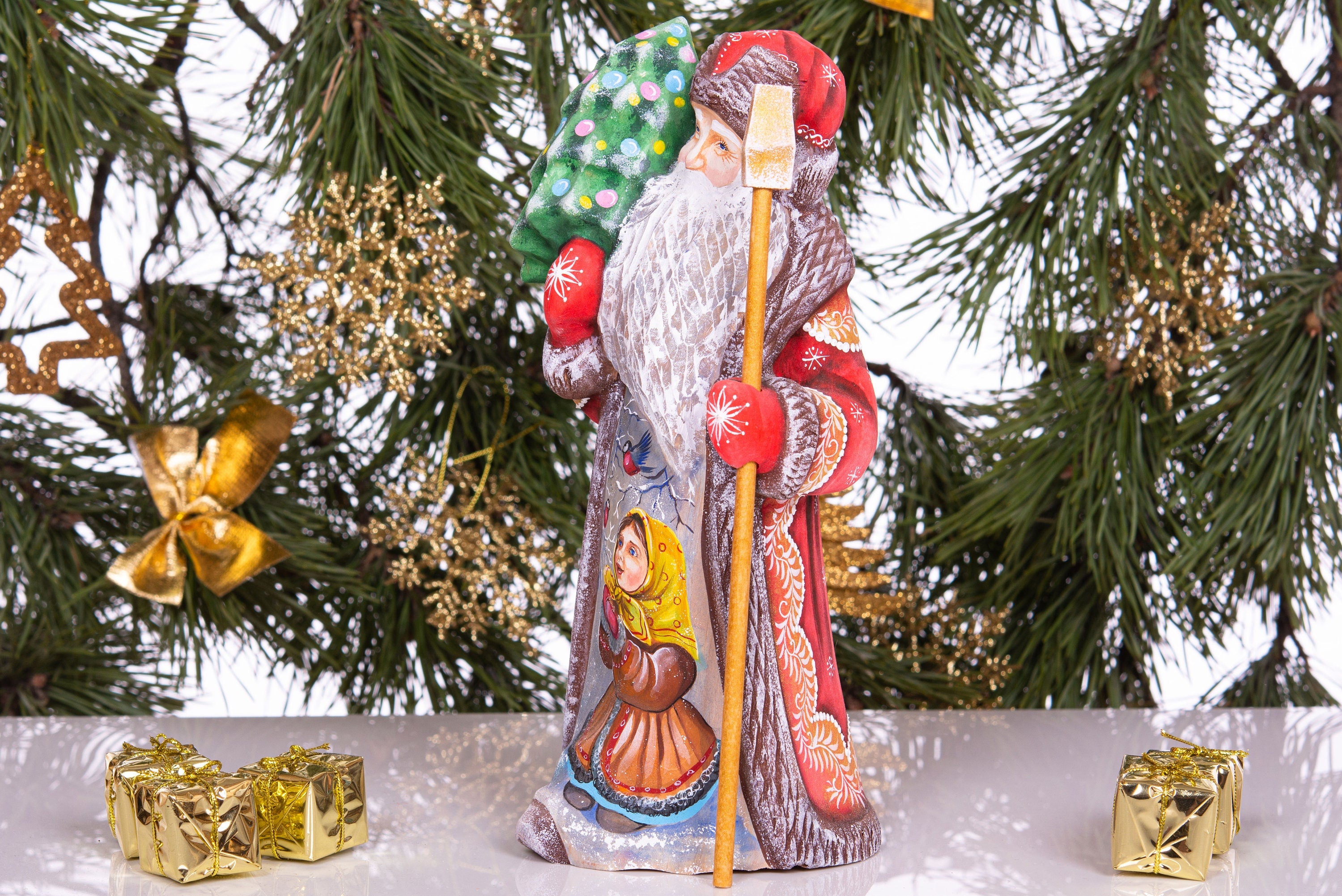Hand-Carved Santa Figurine: Signed Solid Wood Christmas Decor