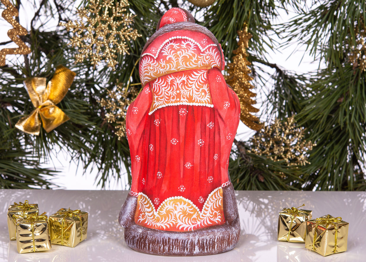 Old-World Santa wooden figurine 9.4 inch, winter child scene with bird, mantel display