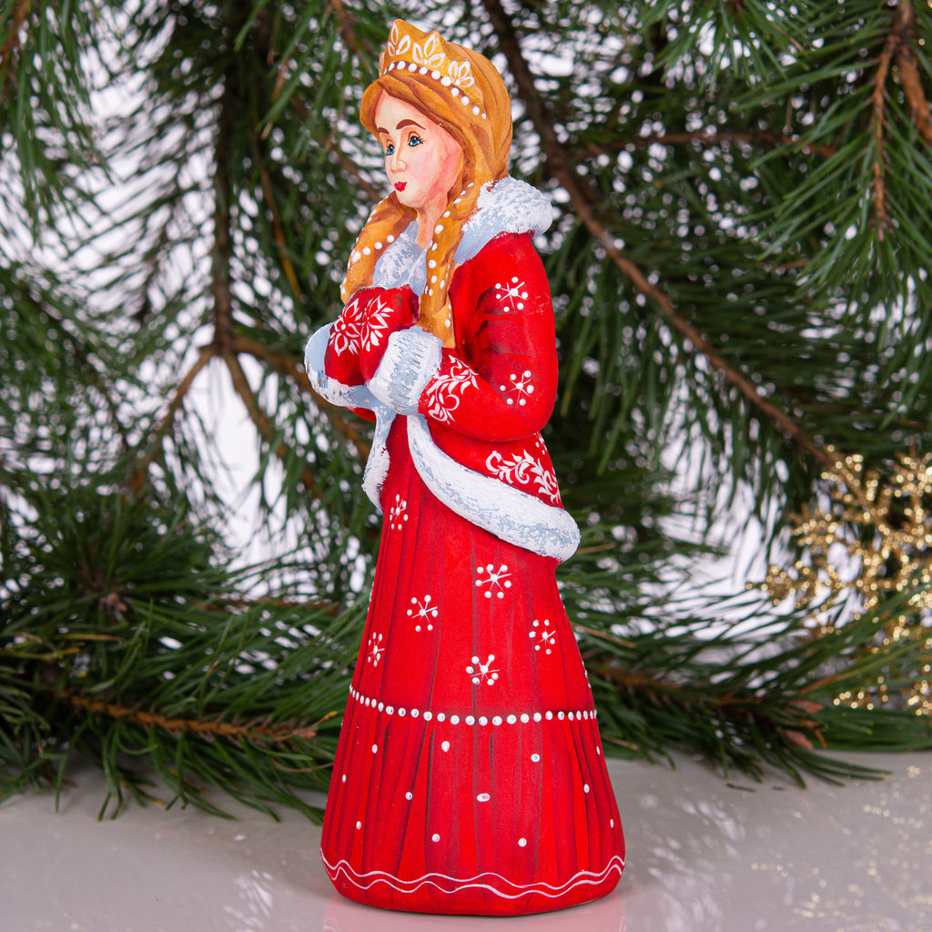 Hand Carved Snow Maiden Figurine: Red Coat Slavic Christmas Decor