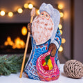 Blue Santa Claus wooden figurine 9 inch, hand carved collectible holiday accent