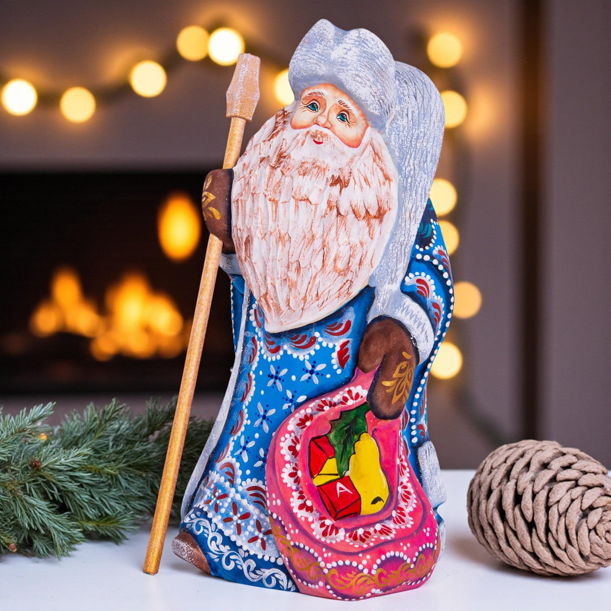 Blue Santa Claus wooden figurine 9 inch, hand carved collectible holiday accent
