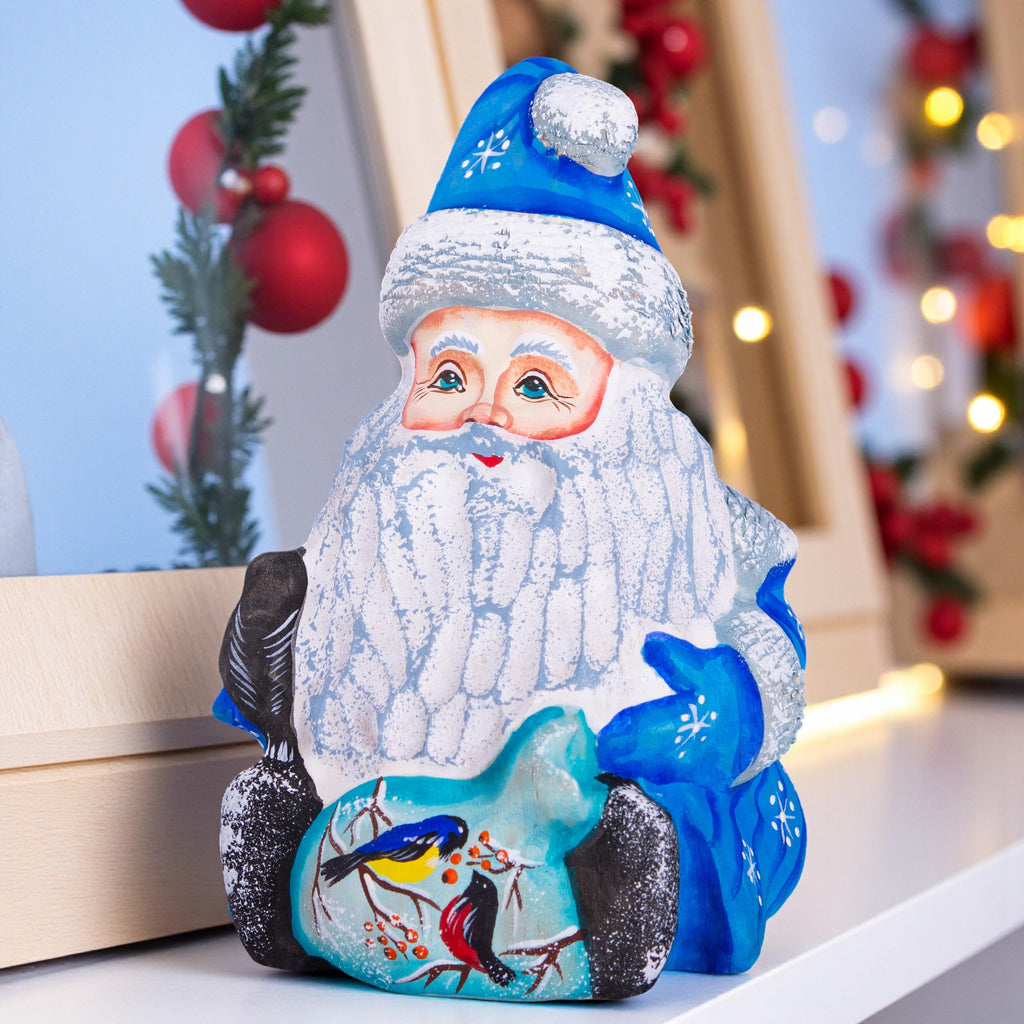 Hand carved blue Santa figurine 5 inch, winter birds scene decor