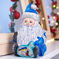 Hand carved blue Santa figurine 5 inch, winter birds scene decor