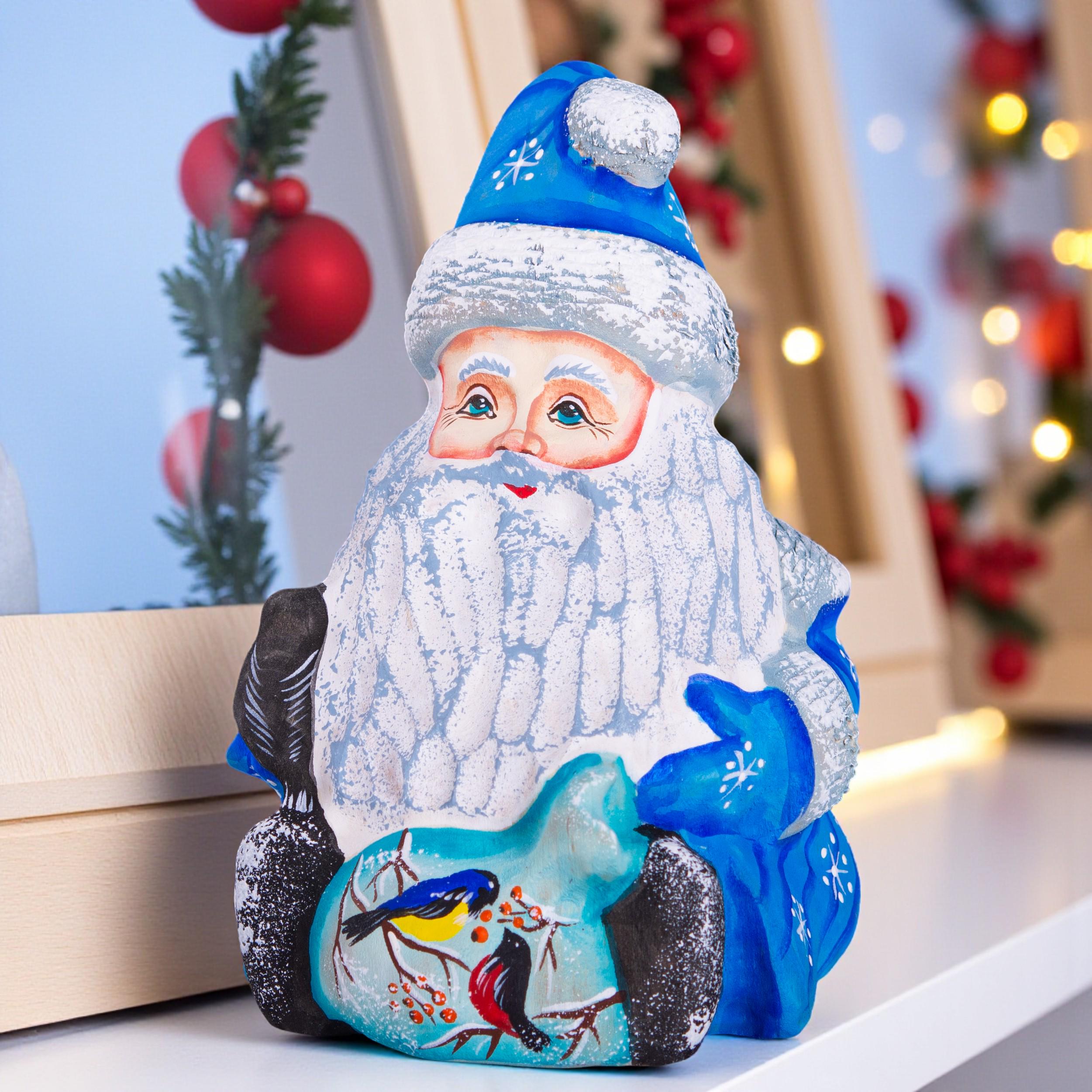 Hand carved blue Santa figurine 5 inch, winter birds scene decor