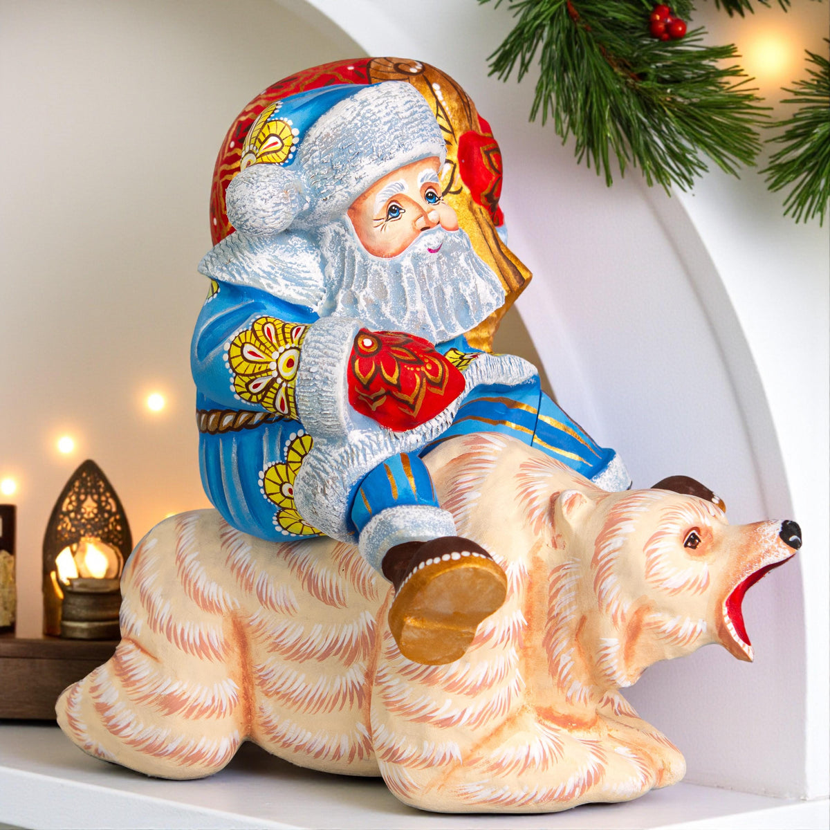 Arctic Santa wooden figurine 8 inch, polar bear ride, Christmas centerpiece