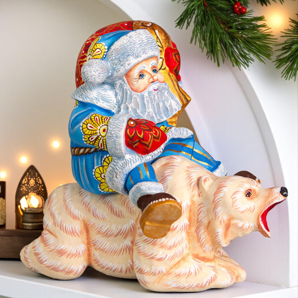 Arctic Santa wooden figurine 8 inch, polar bear ride, Christmas centerpiece
