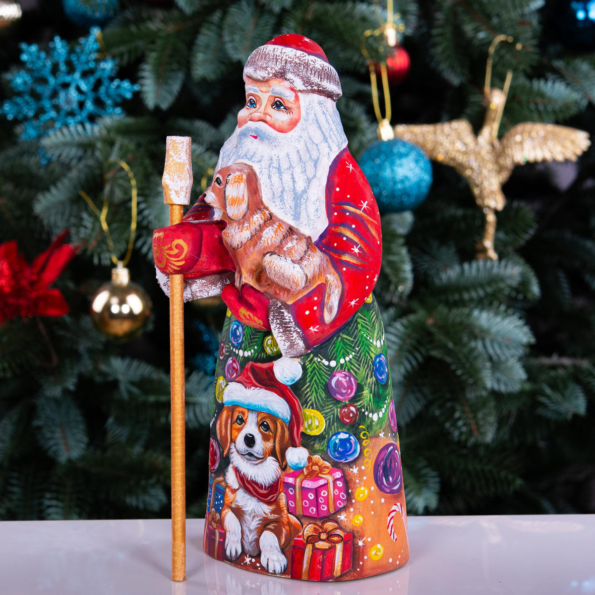 Hand Carved Santa Claus Figurine with Dog: Painted Wood Christmas Decor