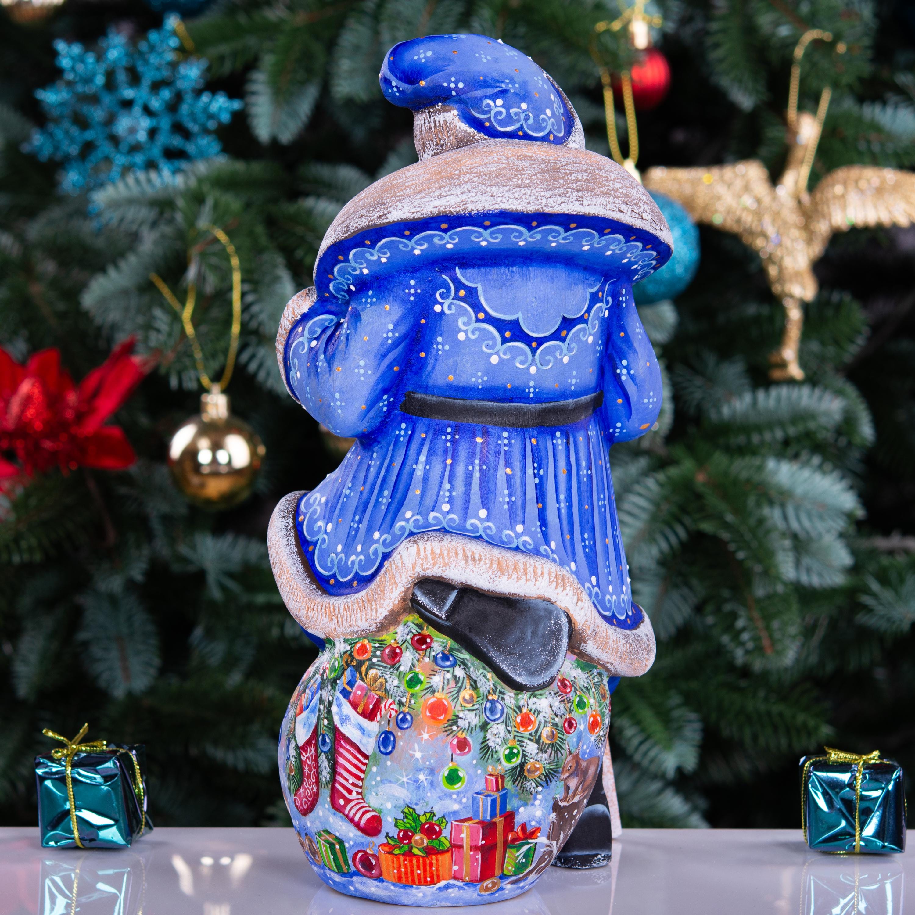 Blue Santa wooden figurine 9.5 inch, hand carved Christmas mantel display decor