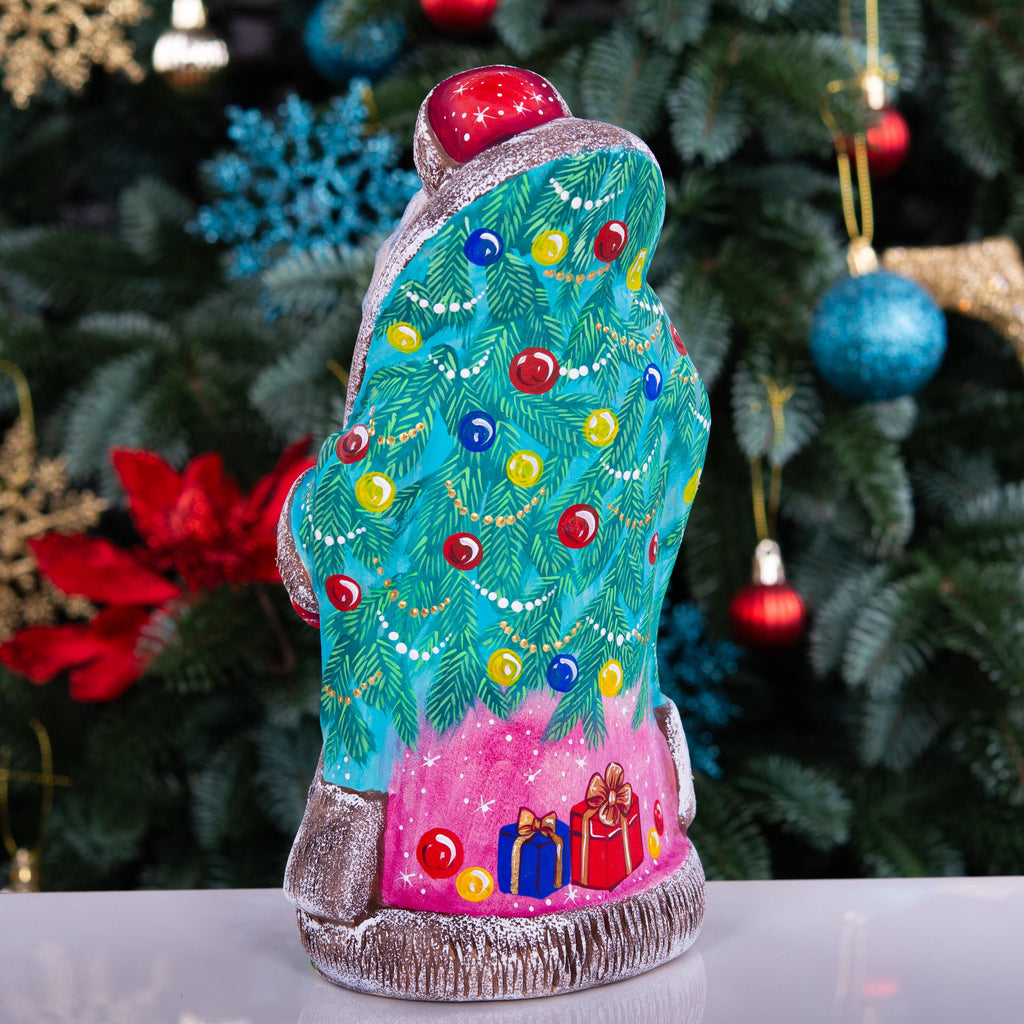 Santa figurine with staff, girl holding nutcracker, hand painted, 9.4 inch