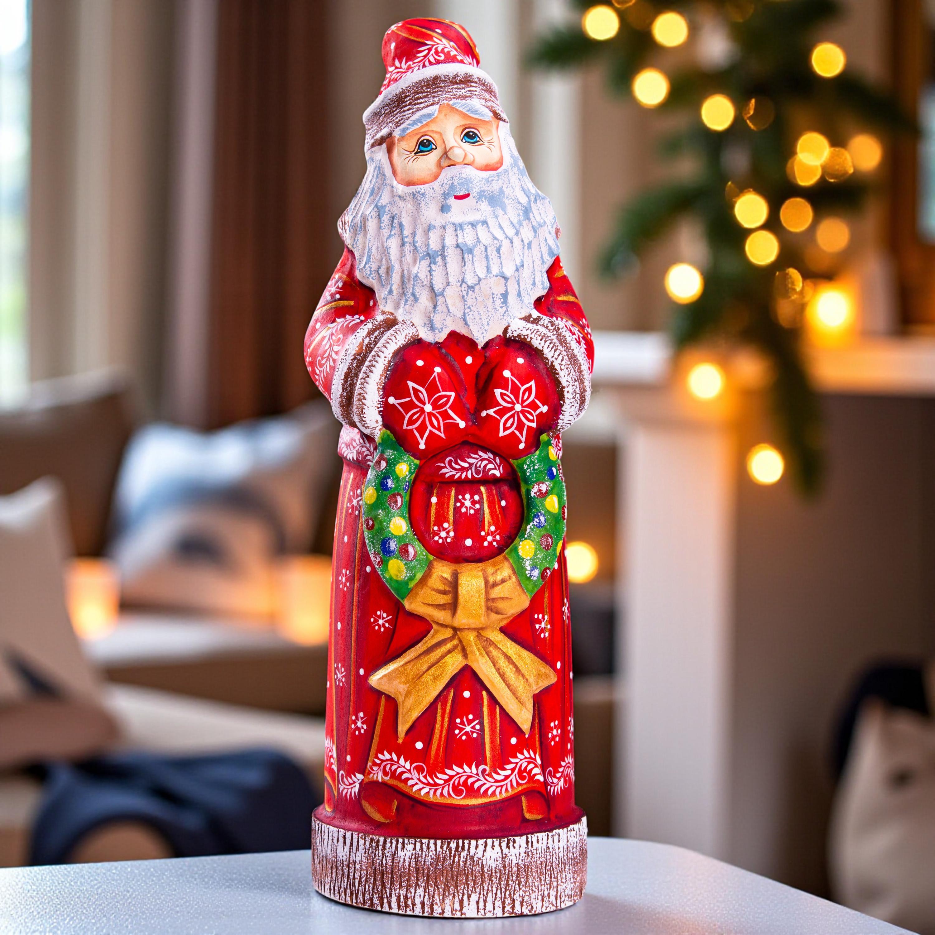 Hand carved Santa wooden figurine 11.4 inch, wreath Christmas decor
