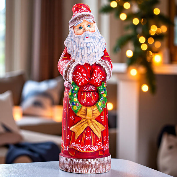 Hand carved Santa wooden figurine 11.4 inch, wreath Christmas decor