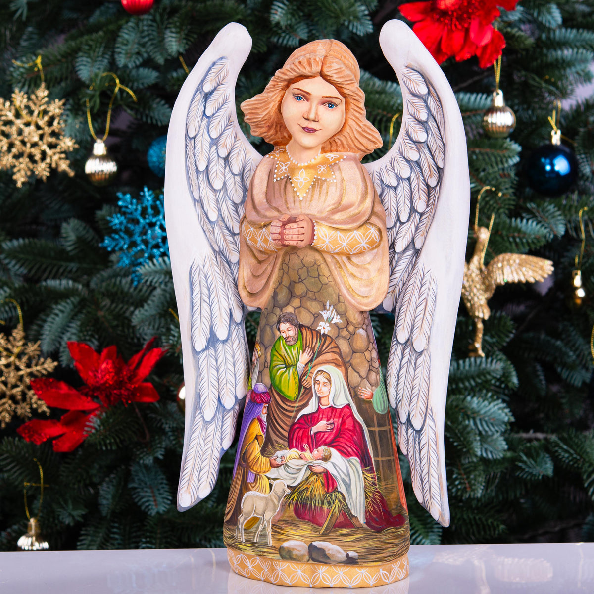Wooden Angel Statue 12.9", Hand Carved, Nativity Art, Christian Decor