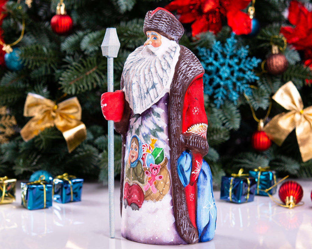 Kris Kringle wooden Santa figurine 9.4 inch, folk art winter child scene, shelf decor