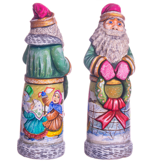 Hand carved green Santa wooden figurine 11 inch, children snowman scene