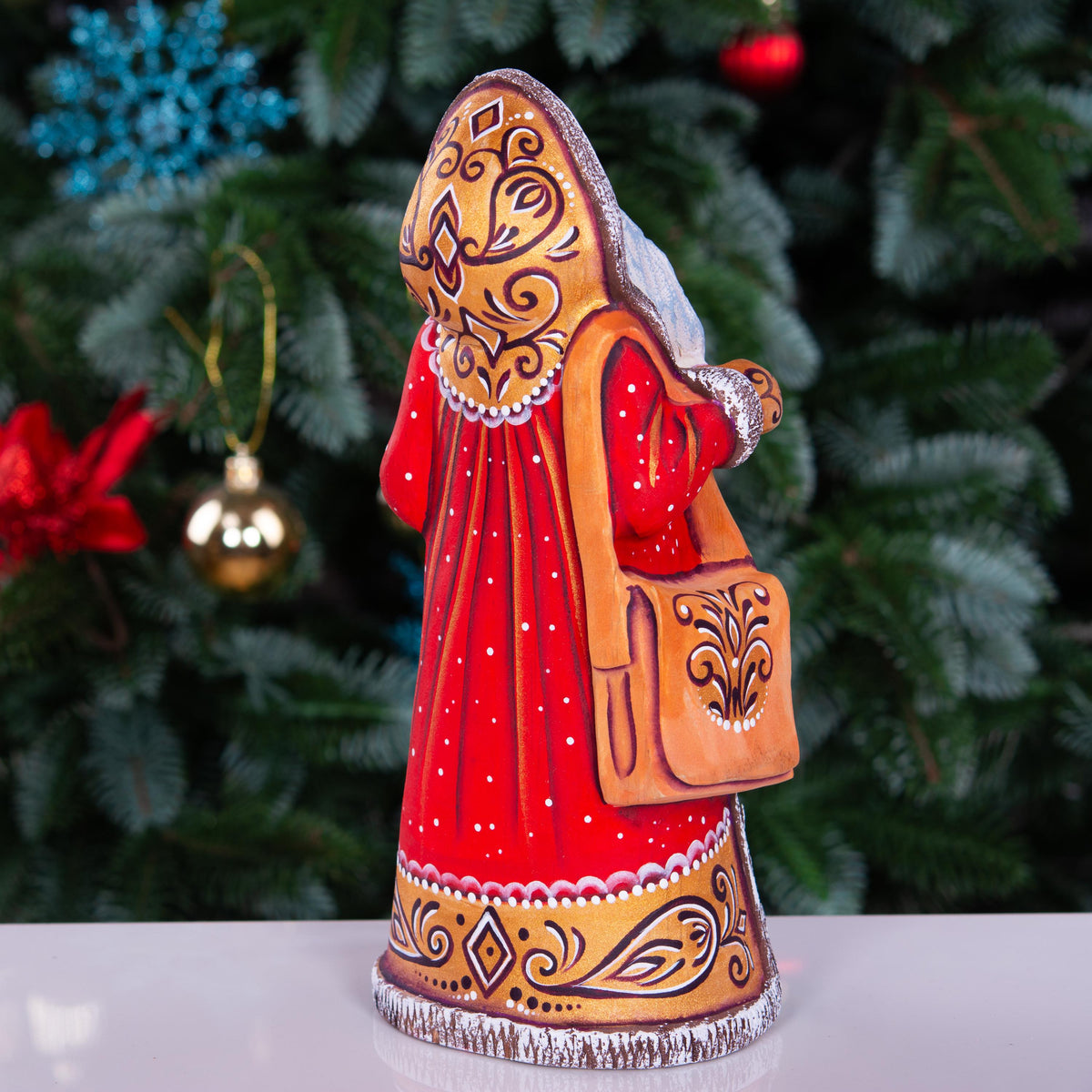 Old World Santa wooden figurine 9 inch, staff and satchel
