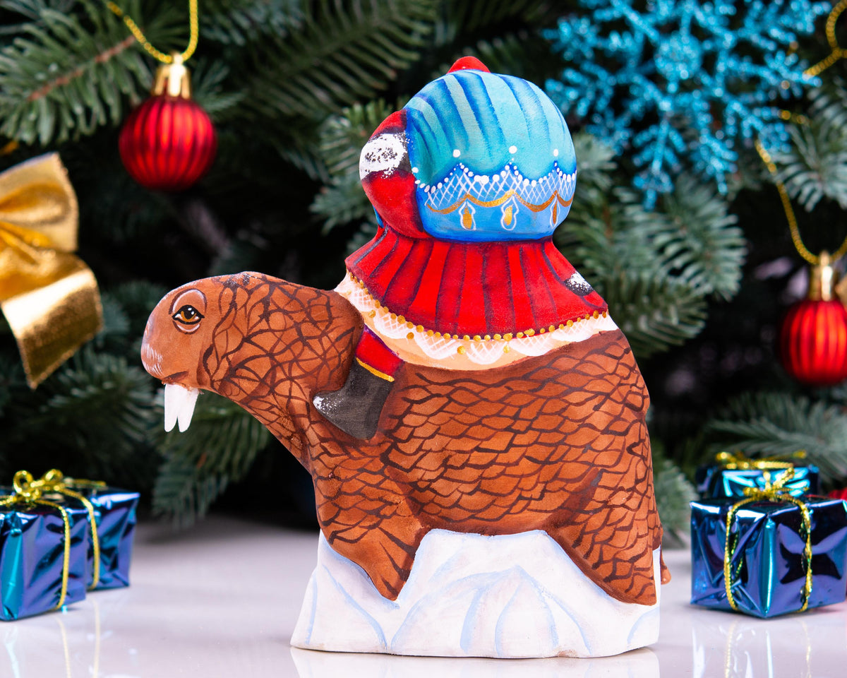 Old World Santa wooden figurine 5.9 inch, walrus arctic scene display