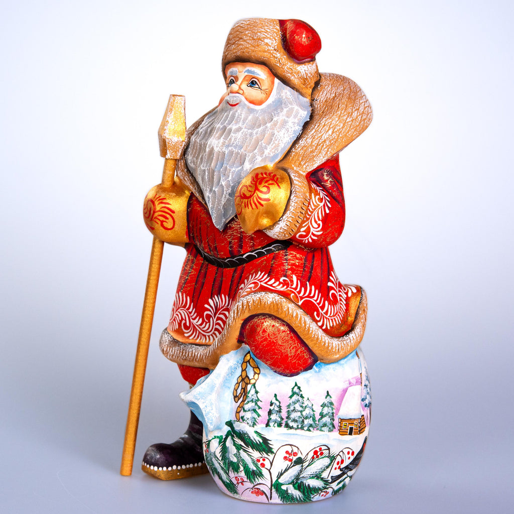 Hand carved Santa wooden figurine 9.7 inch, winter birds village scene