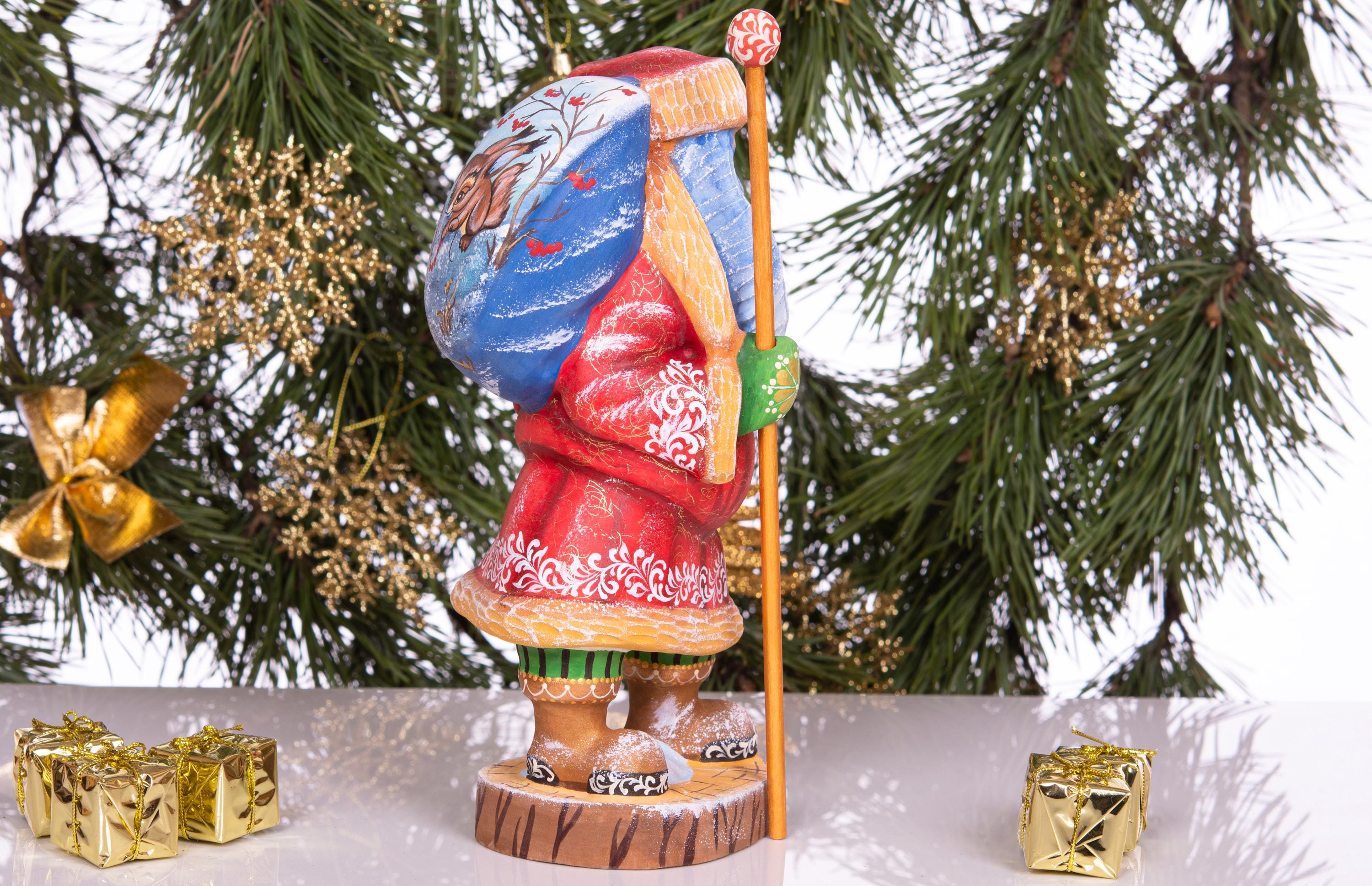 Woodland Santa wooden figurine 10 inch, squirrels with berries, Christmas mantel decor