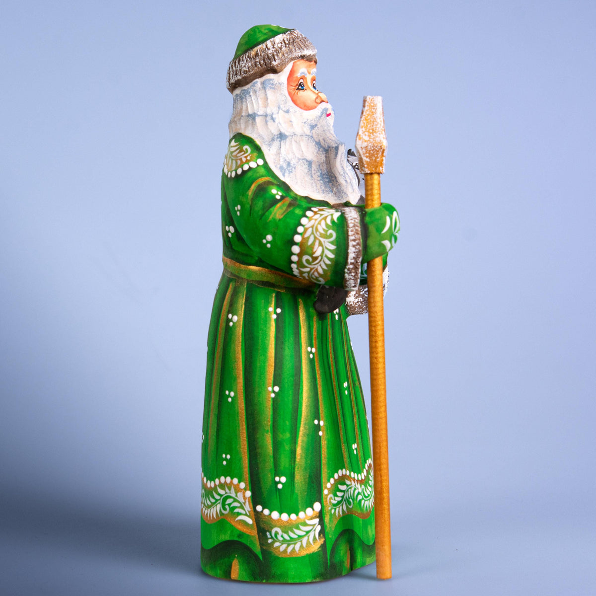 Santa figurine with cat and staff, hand painted carved wood, 9.1 inch
