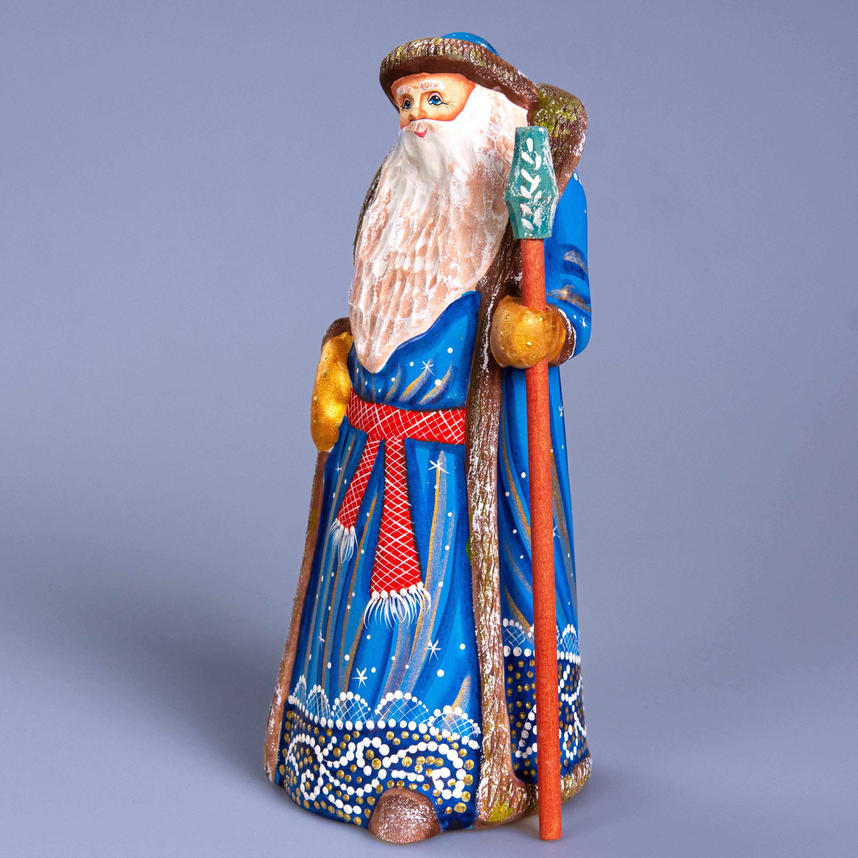 Vintage style blue Santa wooden figurine 8.7 inch, hand painted Christmas accent home decor