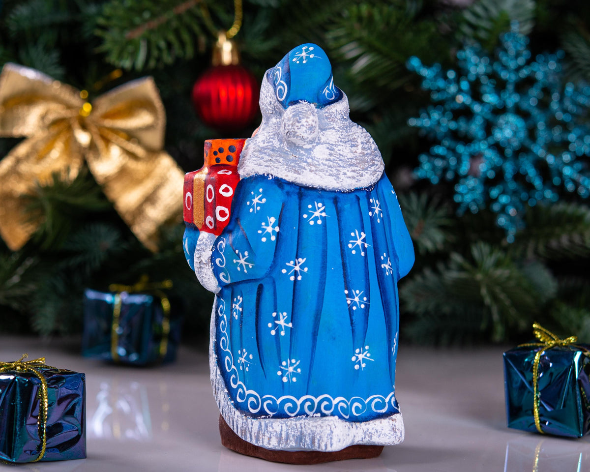 Blue Father Christmas figurine 5.5" with gold bell and stacked gifts