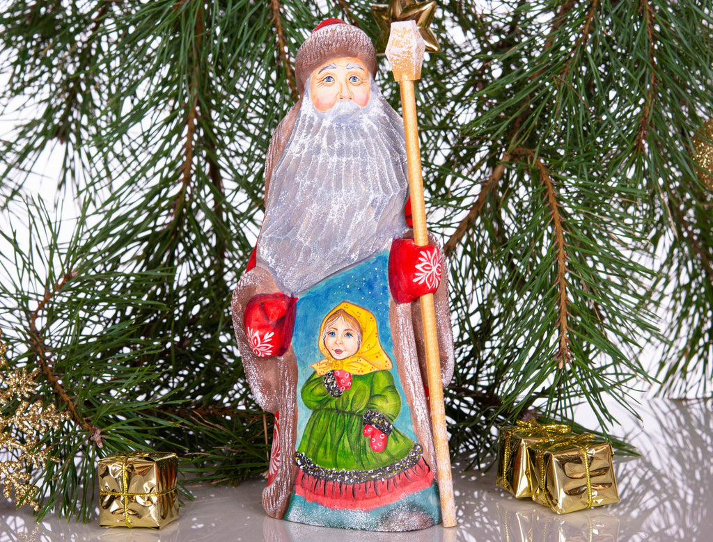 Santa figurine with staff, folk art hand painted girl scene, 8.3 inch