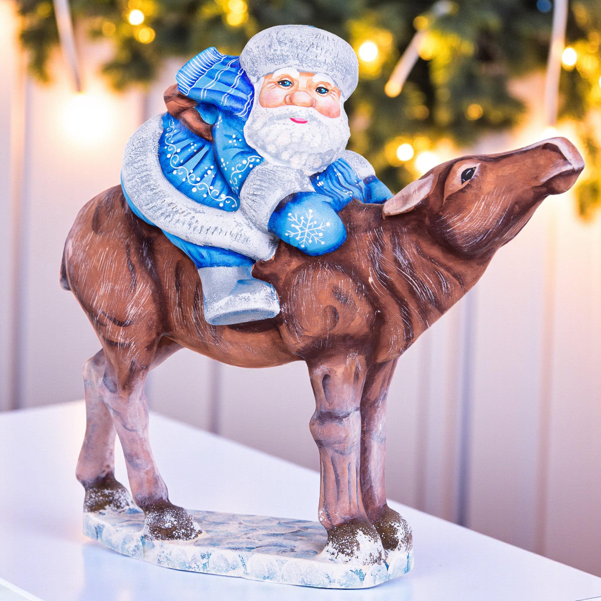 Old World Santa wooden figurine 8 inch, moose ride mantel display