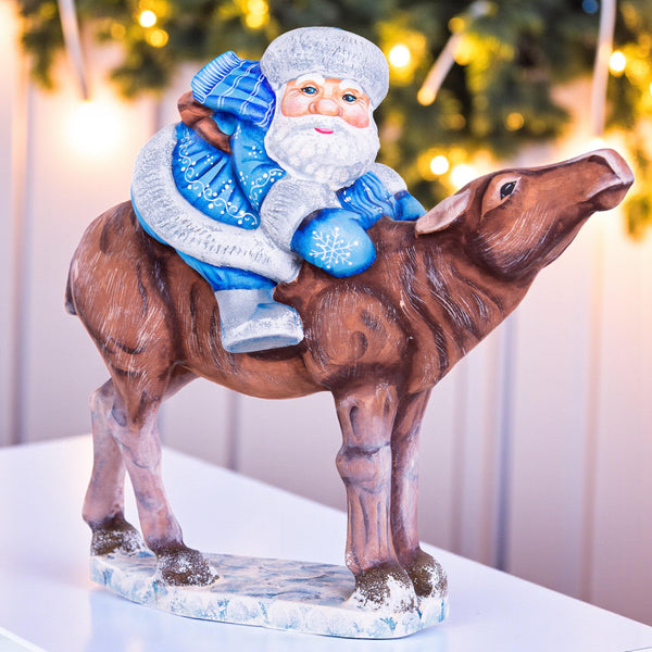 Old World Santa wooden figurine 8 inch, moose ride mantel display