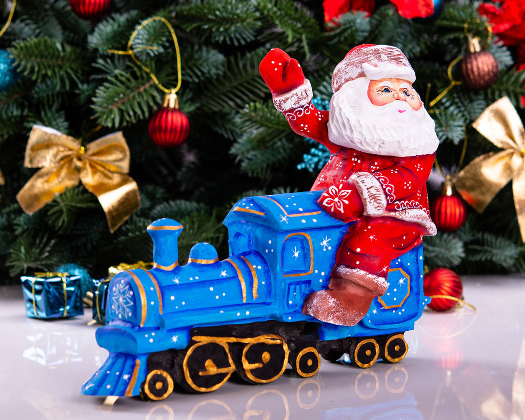 Hand Carved Wooden Santa Claus Figurine: Christmas Train Decor