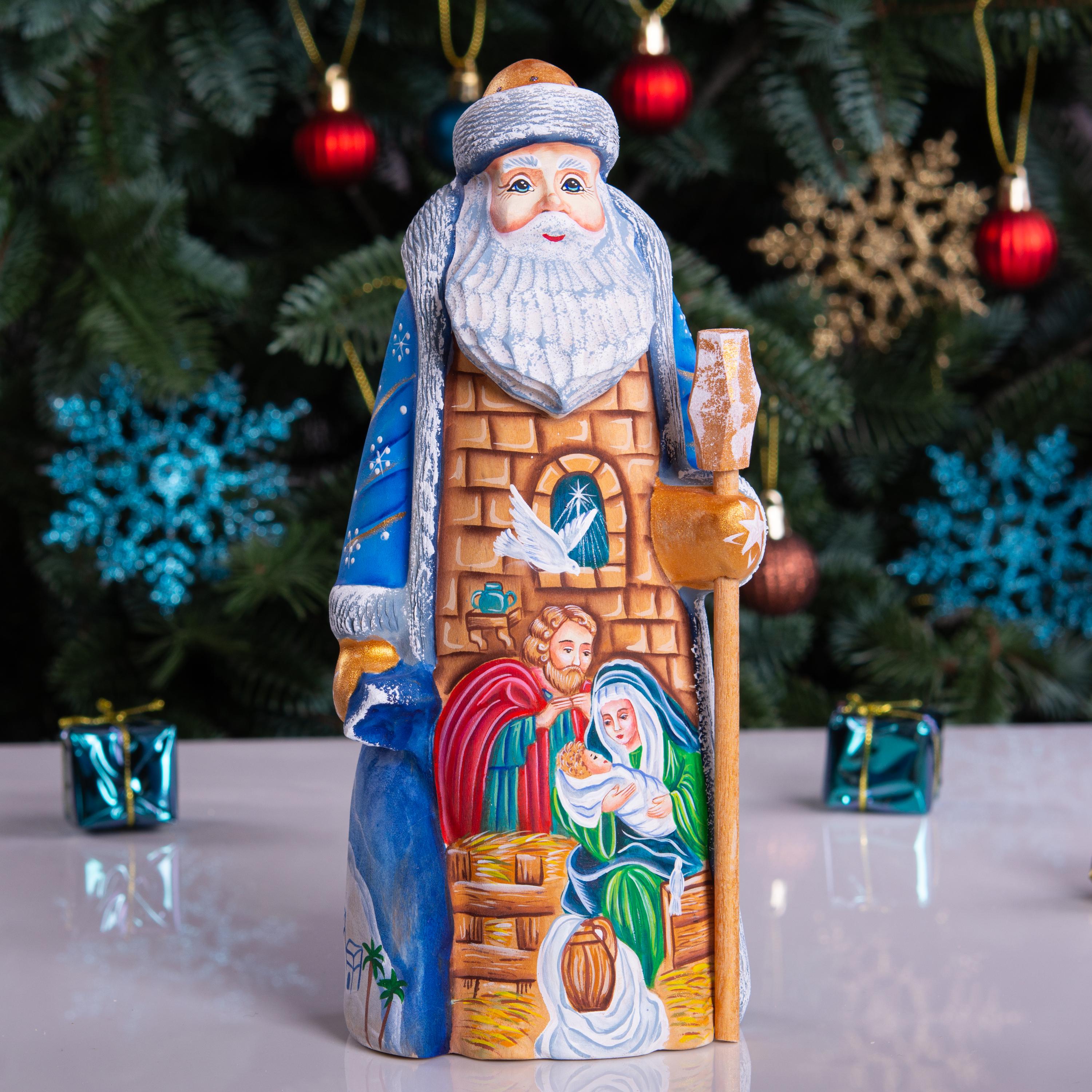 Hand carved wooden Santa nativity figurine 9 inch, Holy Family scene, Christmas mantel decor