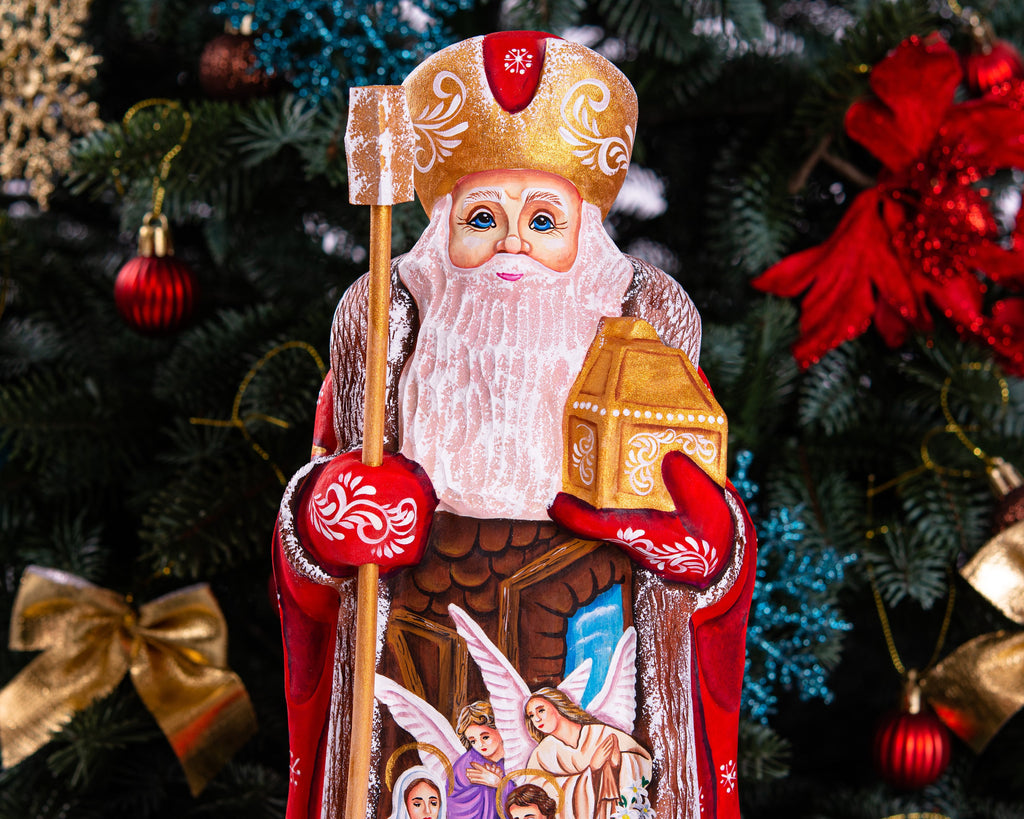 Hand carved Santa nativity figurine 12 inch, religious Christmas mantel or shelf decor