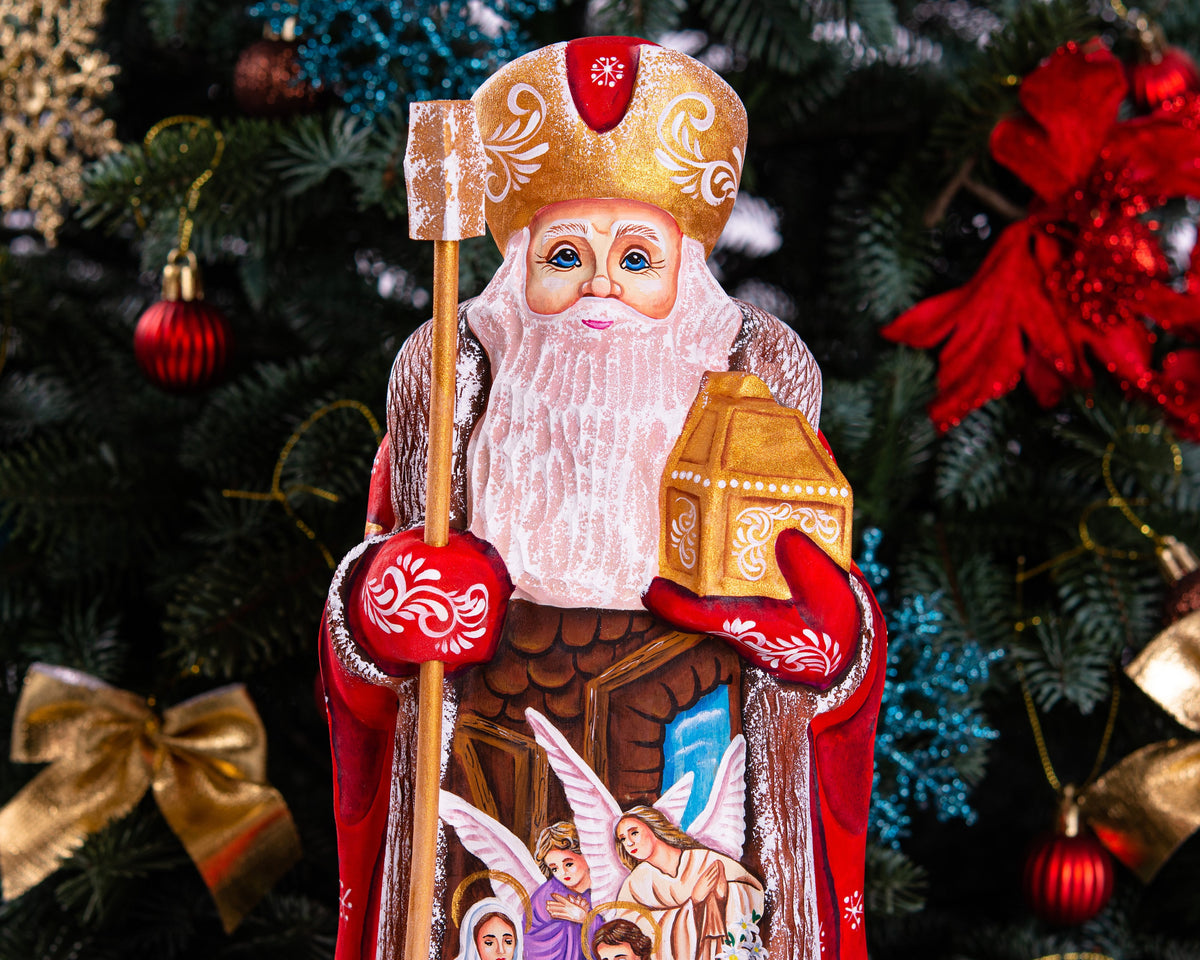 Hand carved Santa nativity figurine 12 inch, religious Christmas mantel or shelf decor