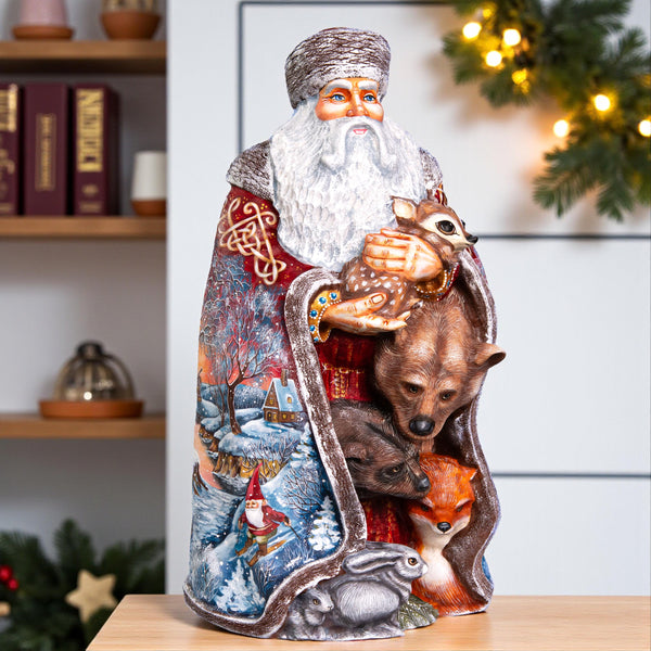 Santa with Woodland Animals 14 inch, Hand Carved Solid Wood Figurine, Artist Painted