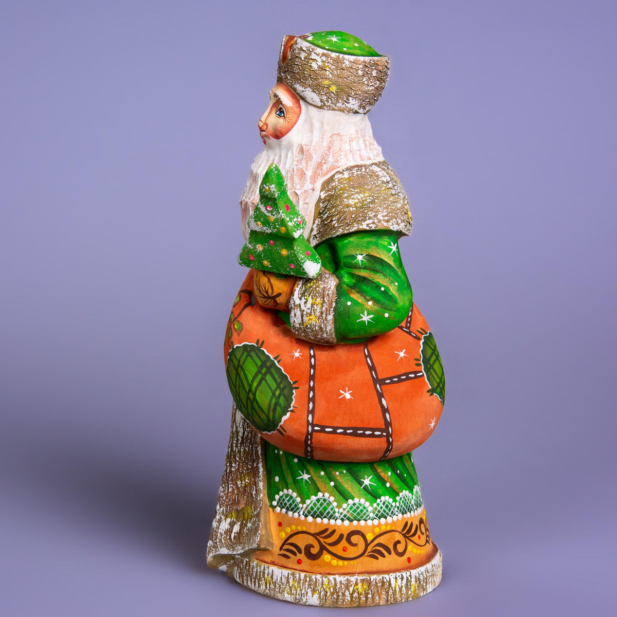 Hand carved wooden Saint Nicholas figurine 9 inch, green coat, holiday shelf decor