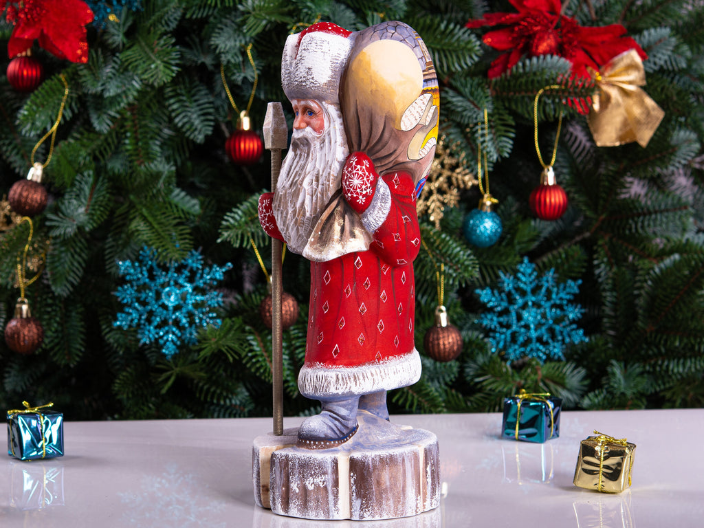 Hand carved wooden Santa figurine 11 inch, workshop fireplace scene, rustic mantel centerpiece decor