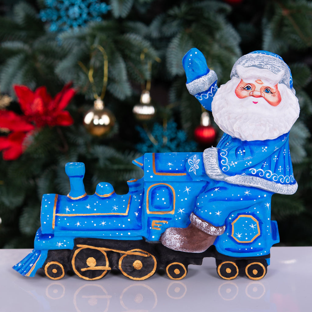 Hand-Carved Wooden Santa Claus Figurine: Christmas Train Decor