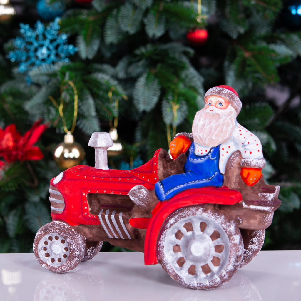 Hand-Carved Wooden Santa Claus Figurine on Tractor: Christmas Home Decor