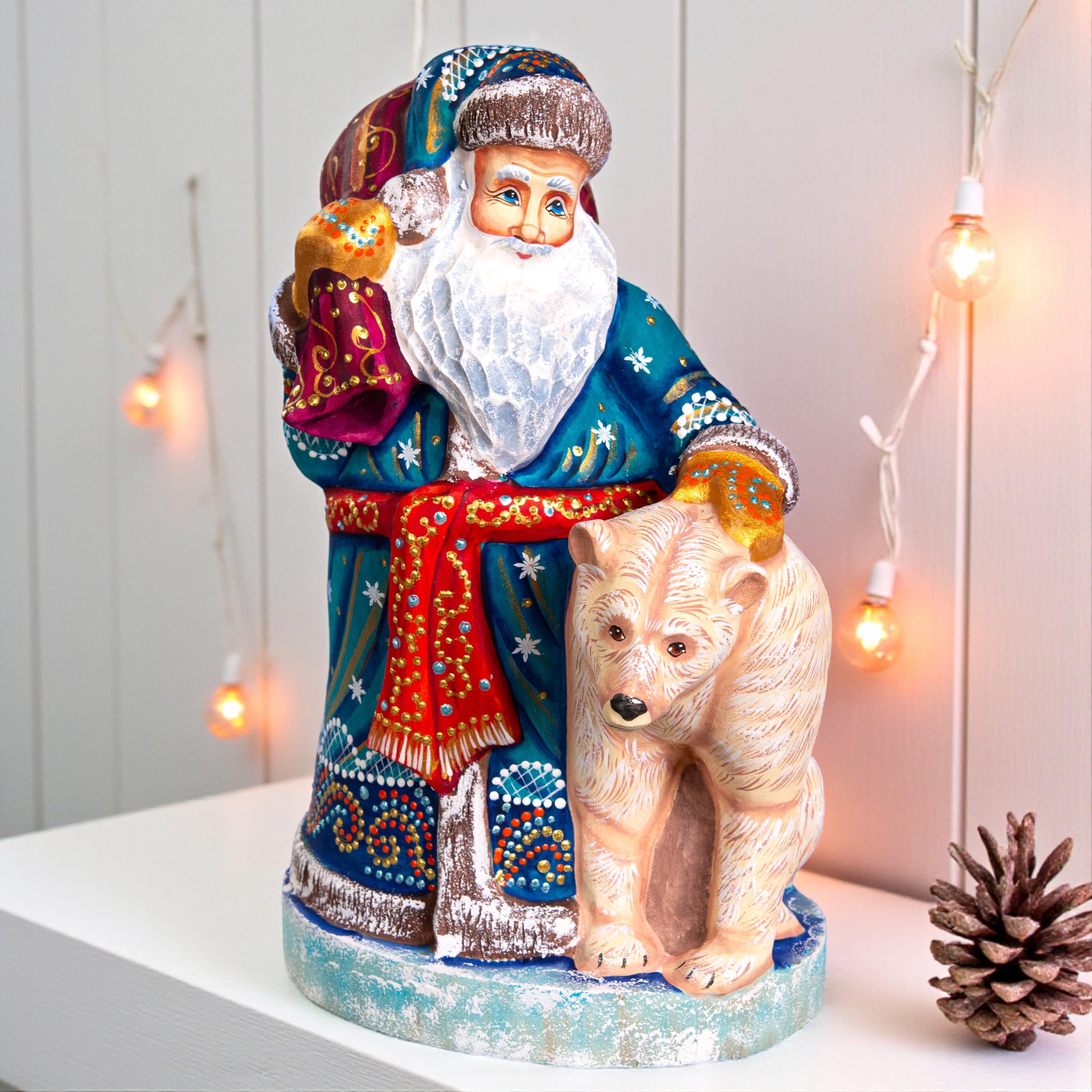 Blue Santa with Polar Bear Cub, 9" Hand Carved Wooden Figurine