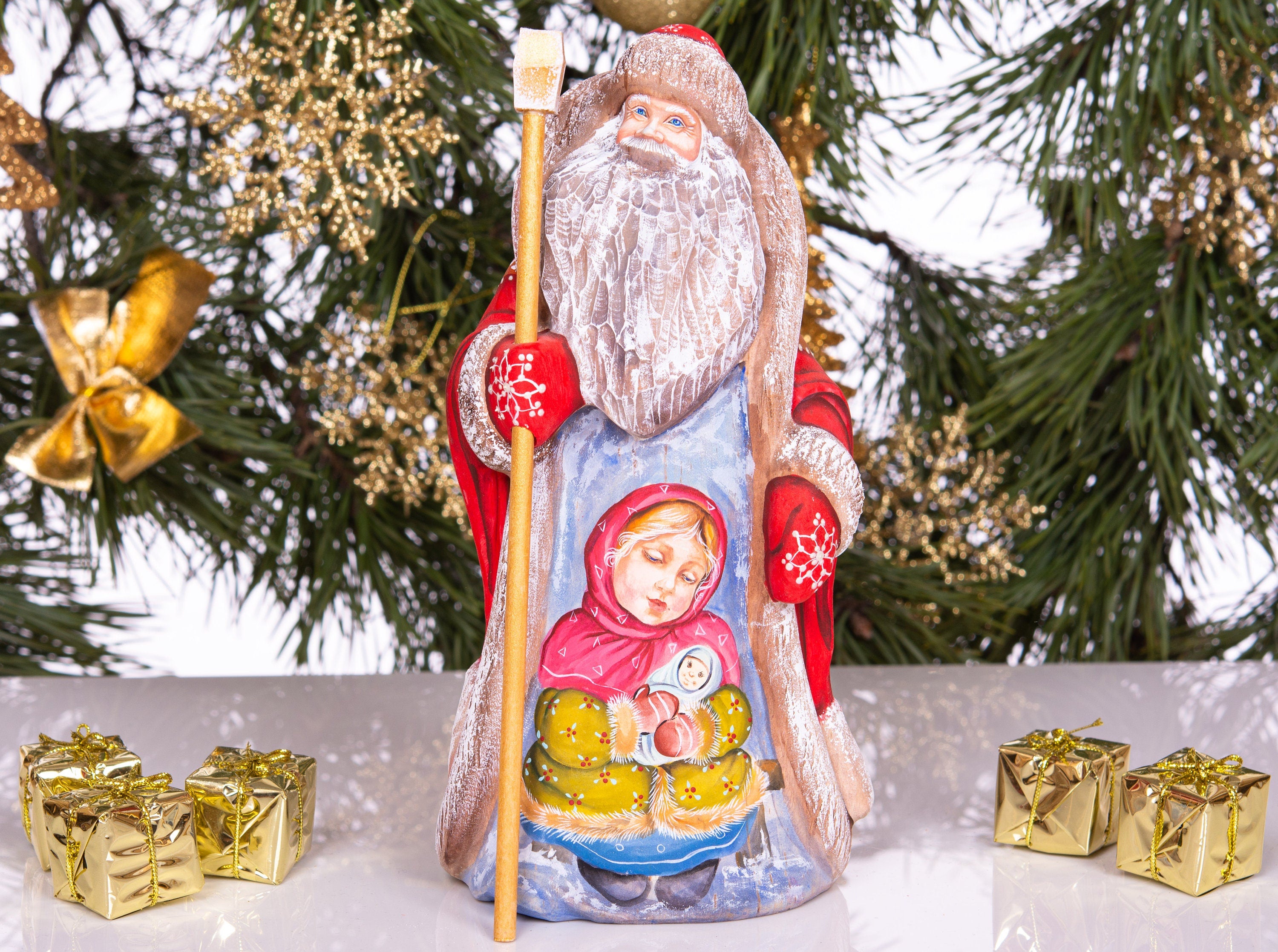 Father Christmas figurine, carved wood, folk art child scene, 9.4 inch