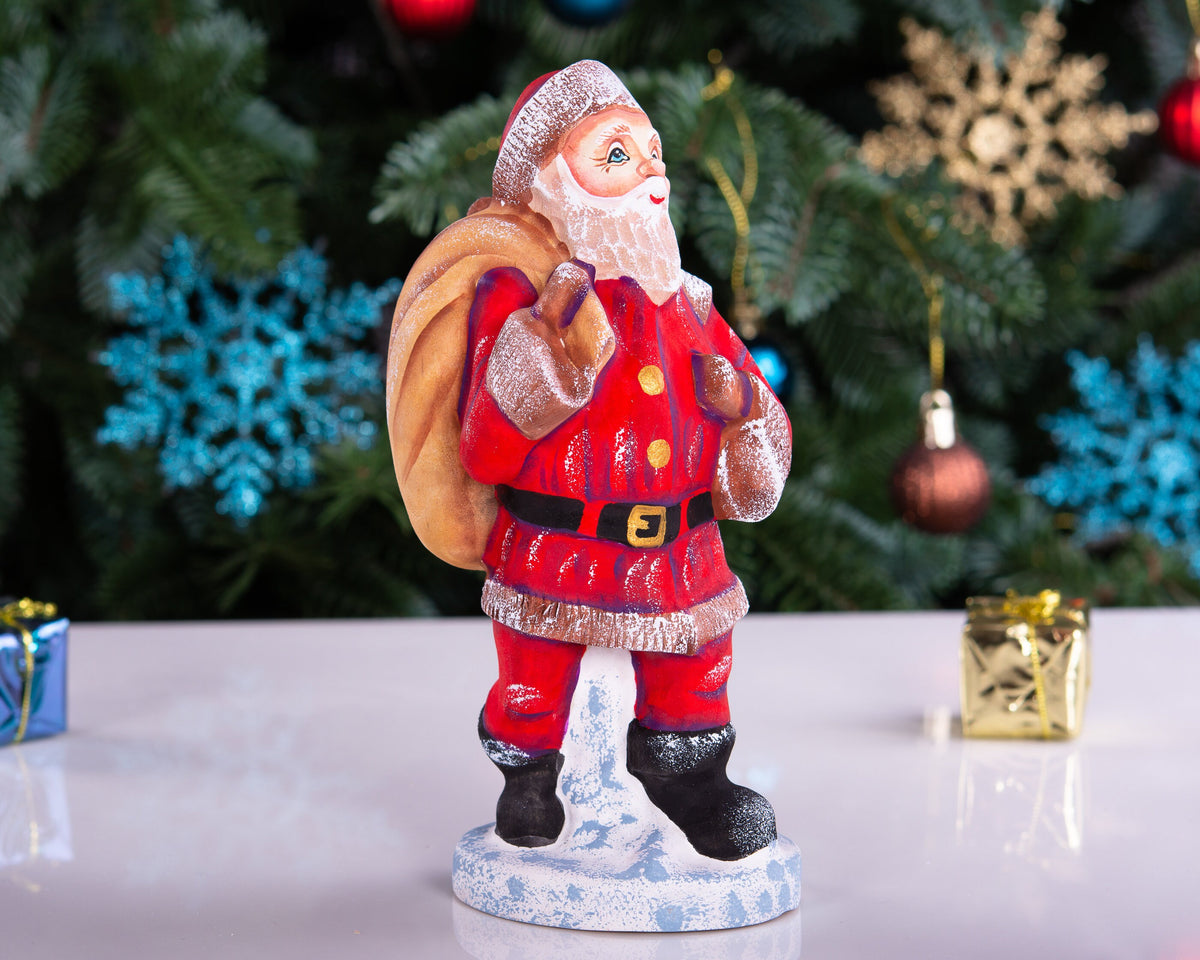 Kris Kringle Santa figurine 7 inch, carved wood, toy bag, holiday home decor