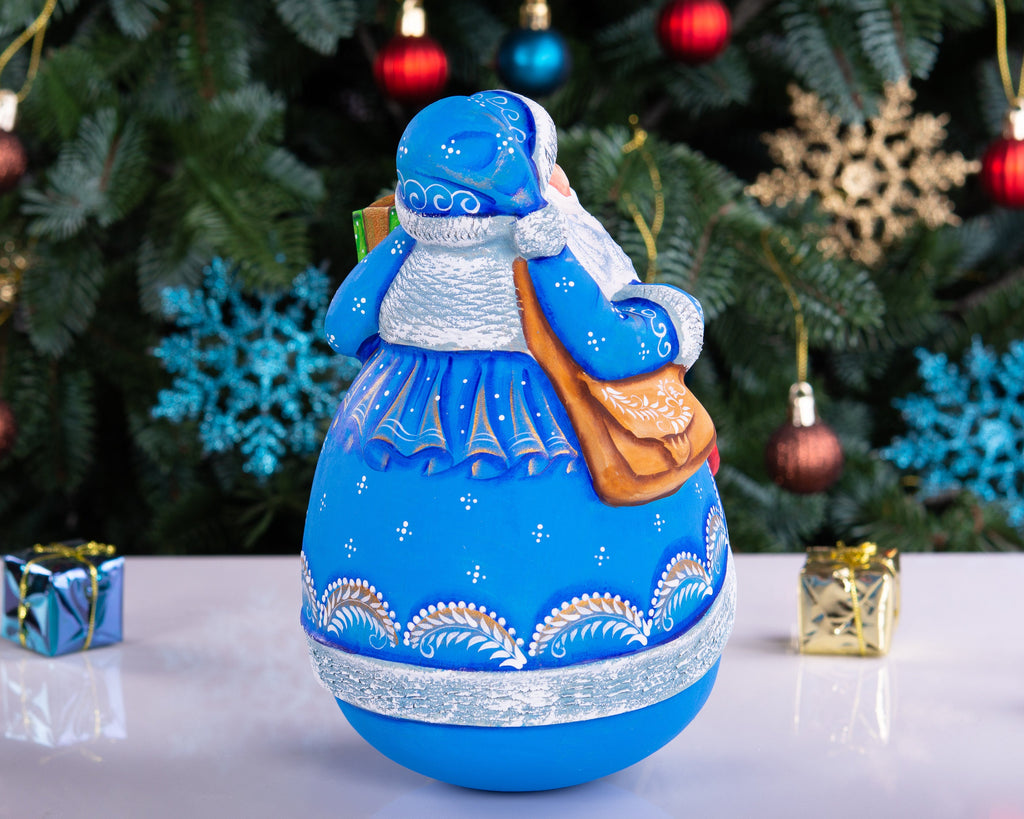 Hand carved blue Santa wooden figurine 7 inch, gift boxes, Christmas mantel decor