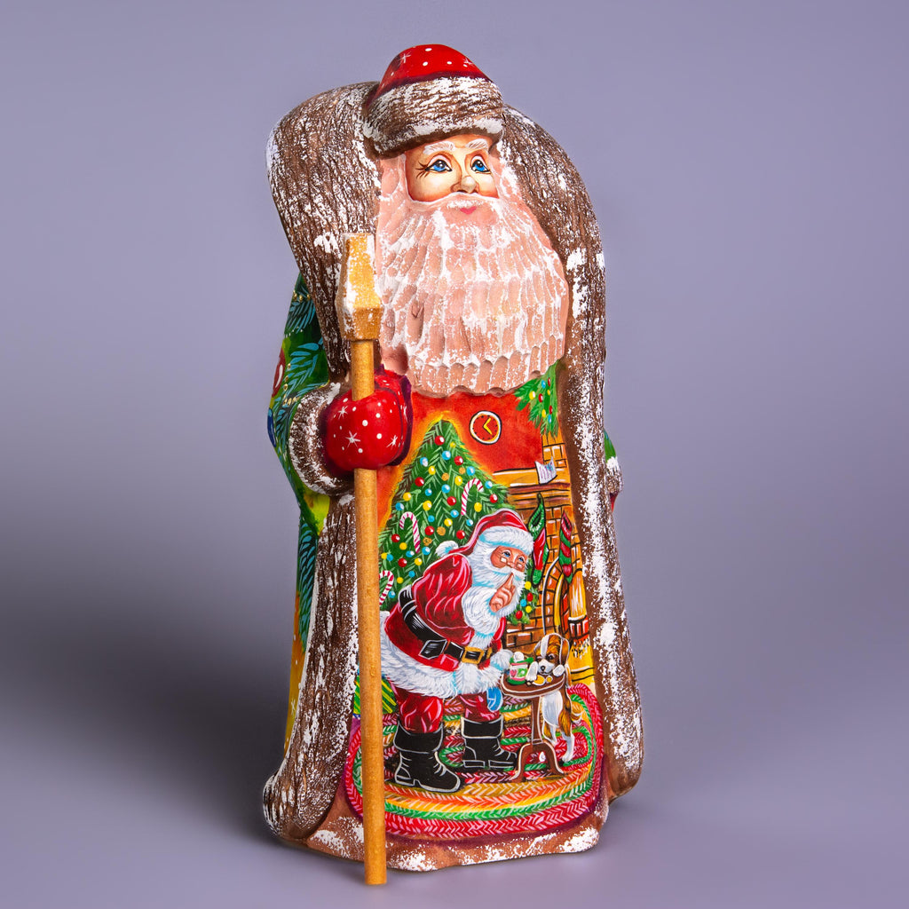 Hand carved Santa wooden figurine 9.4 inch, Christmas dog scene