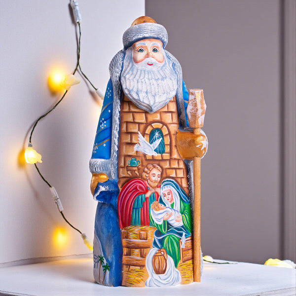 Hand carved wooden Santa nativity figurine 9 inch, Holy Family scene, Christmas mantel decor