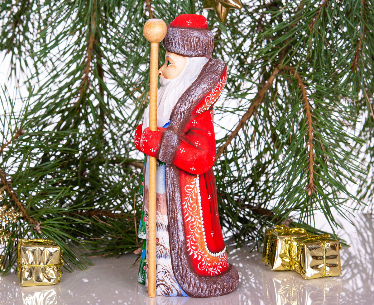 Vintage style Santa wood figurine 7.9 inch, folk art rabbits, holiday mantel & entryway decor
