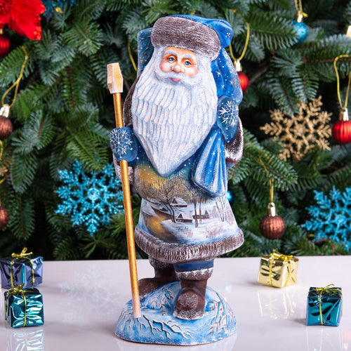 Hand carved Old-World Santa wooden figurine 11 inch, winter village landscape, mantel decor