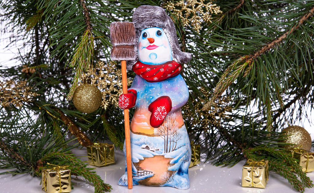 Hand carved snowman wooden figurine 9.1 inch, holding broom, shelf decor
