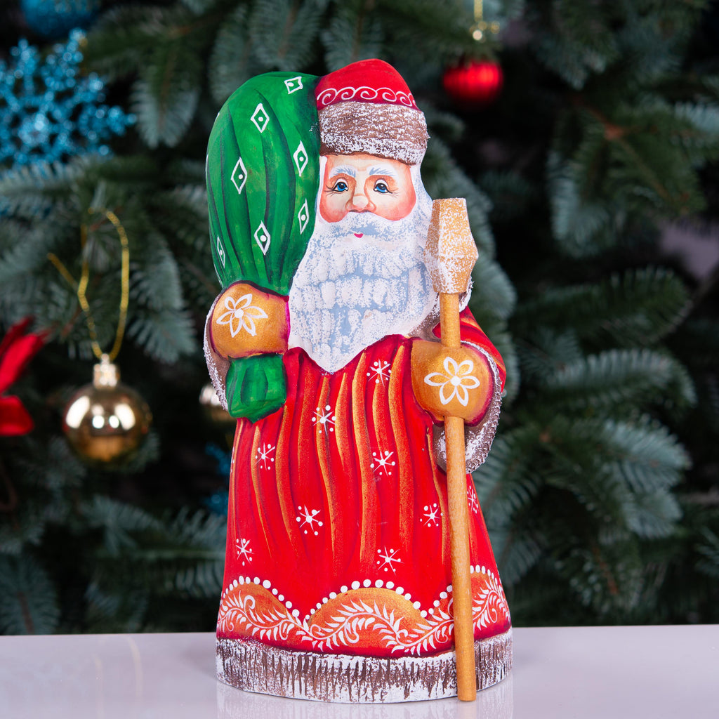 Hand carved wooden Santa figurine 8 inch, gift sack, mantel decor