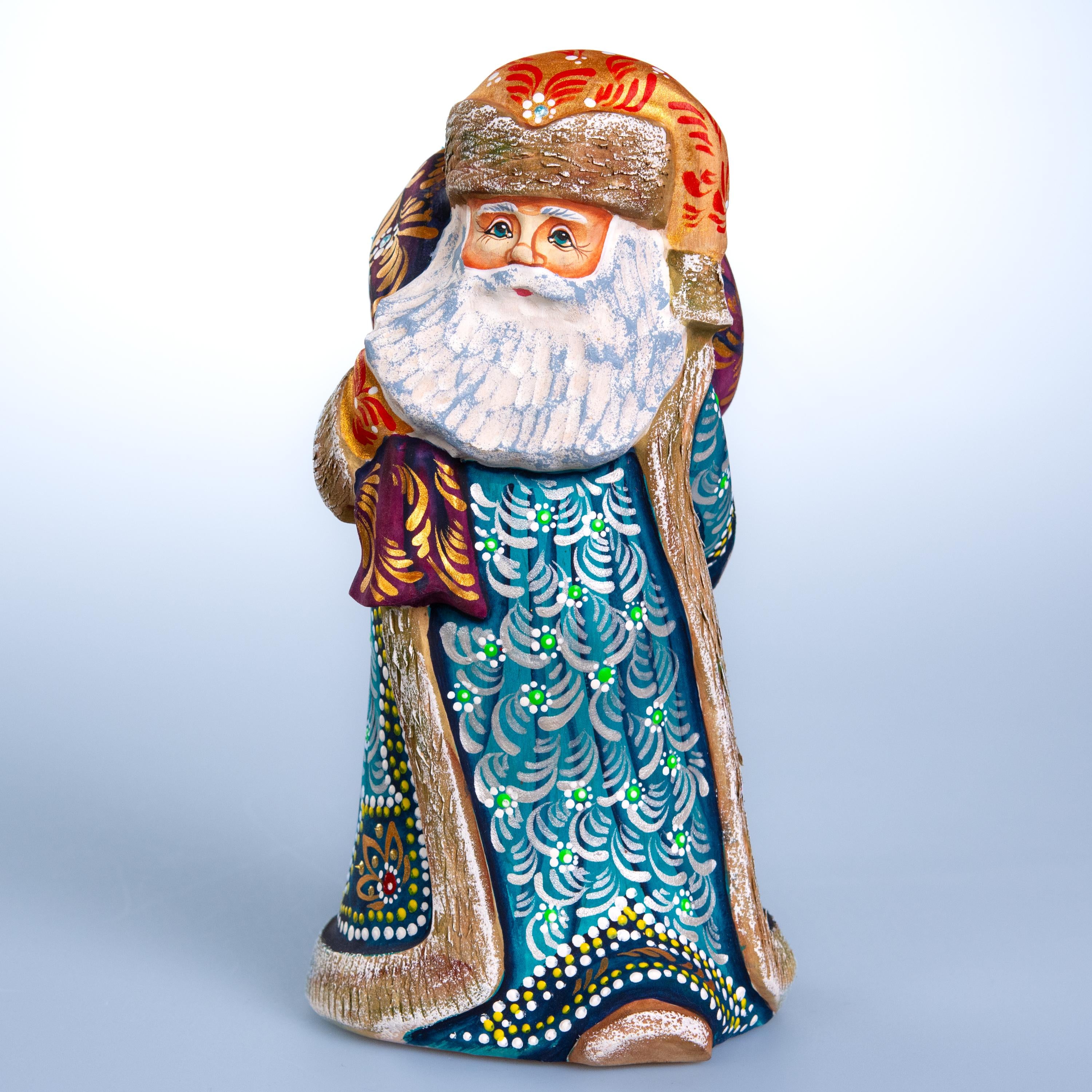 Old World Santa wooden figurine 9 inch, teal coat, shelf decor