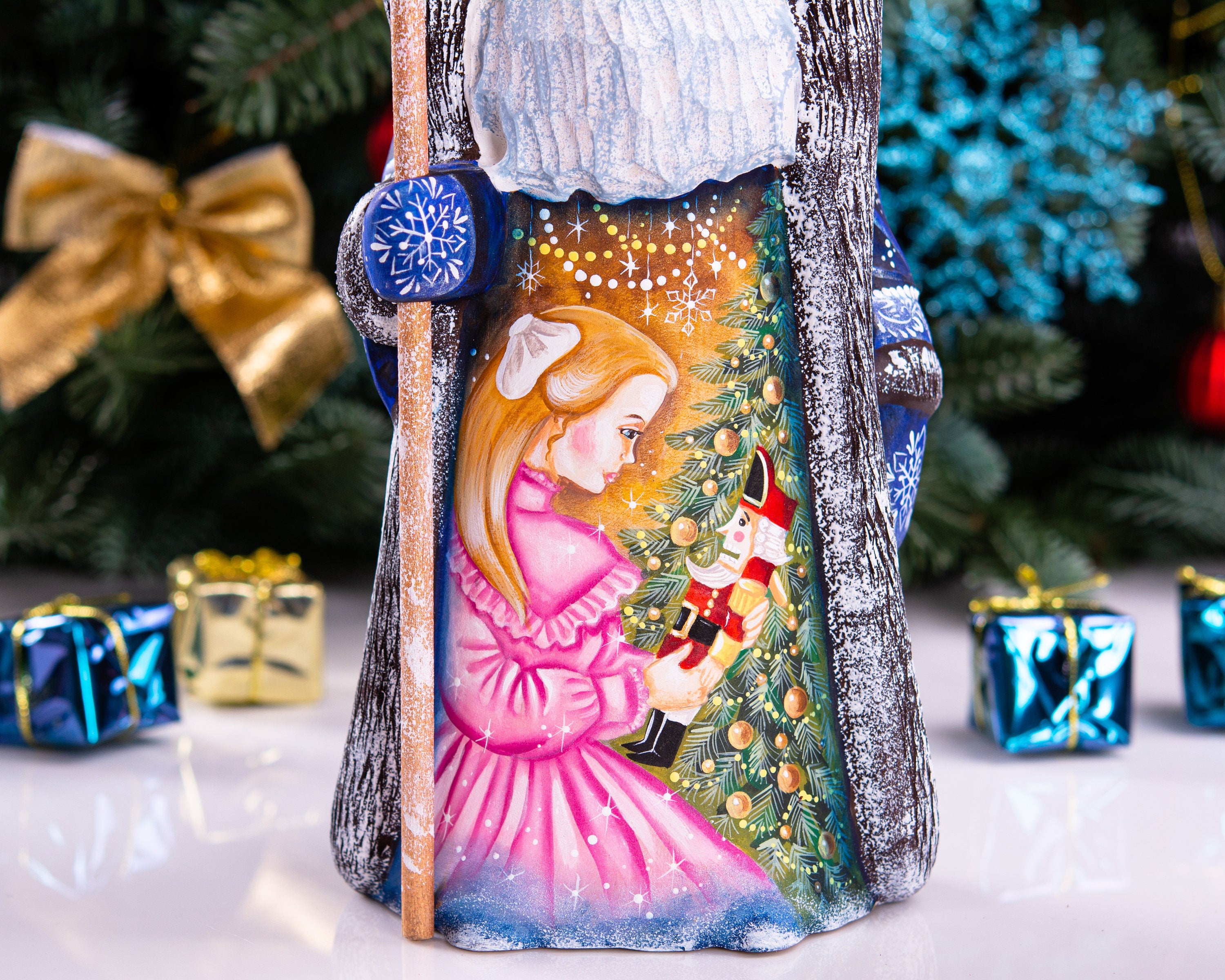 Old-World Santa wooden figurine 9.5 inch, Nutcracker ballet scene, holiday mantel centerpiece