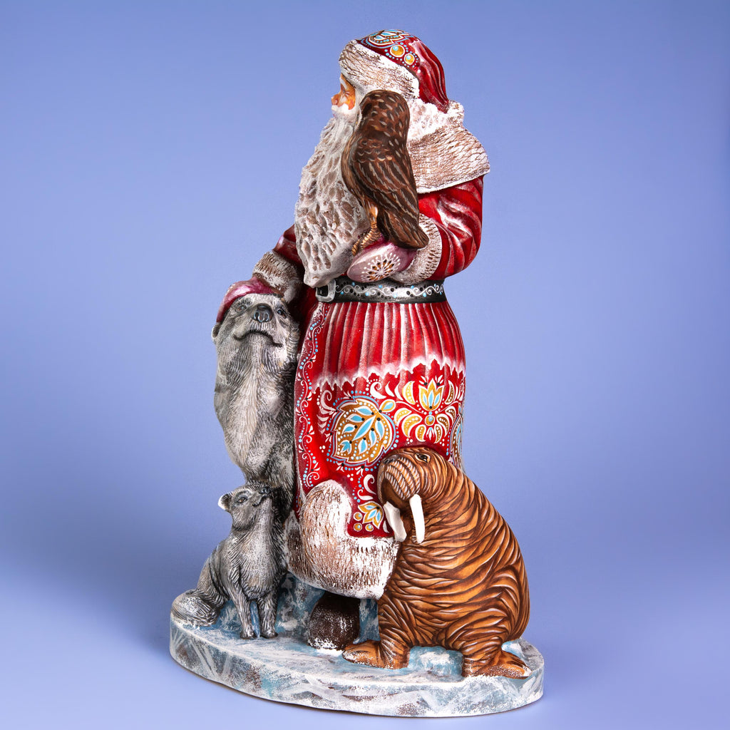 Hand Carved Wooden Santa Figurine 13.8 inch, Arctic Animals, Polar Bear, Walrus, Owl